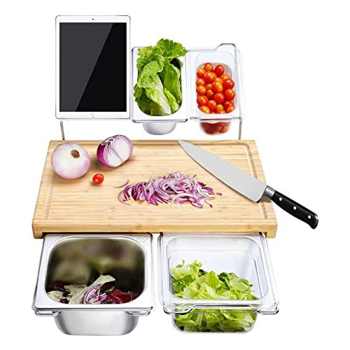 Bamboo Cutting Board with Containers (Set of 4), Chopping Boards for Kitchen, Chopping Board with Juice Groove for Meat Fruits and Vegetables, Natural Serving Tray with Easy Grip Handle(16 x 10)