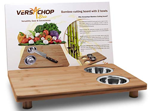 VersaChop Duo, Large 18 inch X 12 inch Cutting Boards for Kitchen. Totally Natural Organic Moso Bamboo Cutting Board with Two Integrated Stainless Steel Bowls attached for organization and storage.