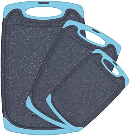 Plastic Cutting Board, 3 Pieces Dishwasher Safe Cutting Boards with Juice Grooves, Easy Grip Handle, Non-Slip, with Grinding Area for Grinding Garlic and Ginger(Dark Grey)