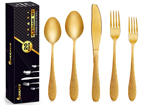 SoulFox Gold Silverware Set,20-Piece Silverware Flatware Cutlery Set in Ergonomic Design Size and Weight, Stainless Steel Flatware Set for 4.Used for Home and Restaurant, Dishwasher Safe(Gold) (Gold)