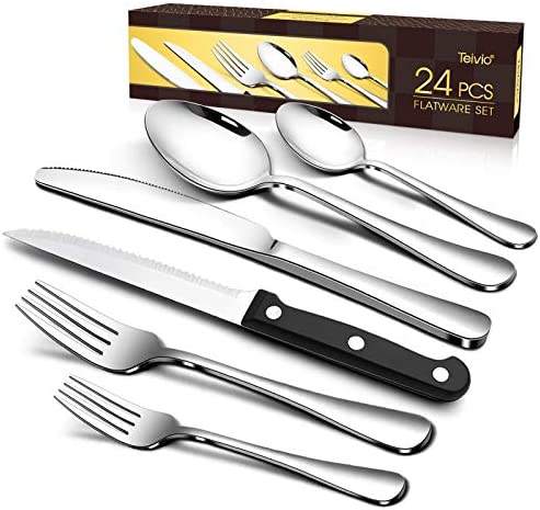 61-Piece Silverware 세트 Serving Utensils Steak Knife Extra Teaspoons Teivio Flatware Mirror Polished Dishwasher Safe Service 8 Include Knife/Fork/Spoon