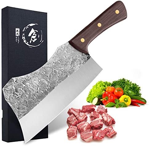 Hand Forged Cleaver Knife Bone Cutting 7 Inch High Carbon Steel Heavy Duty Meat Butcher Knife Full Tang Chef Knife for Kitchen or Restaurant