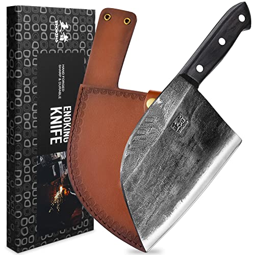 ENOKING Serbian Chef Knife, Hand Forged Butcher Knife, Super Sharp Meat Cleaver with Full Tang Handle, Kitchen Knife for Meat Cutting & Vegetables, High-carbon Steel Cleaver Knife with Leather Sheath