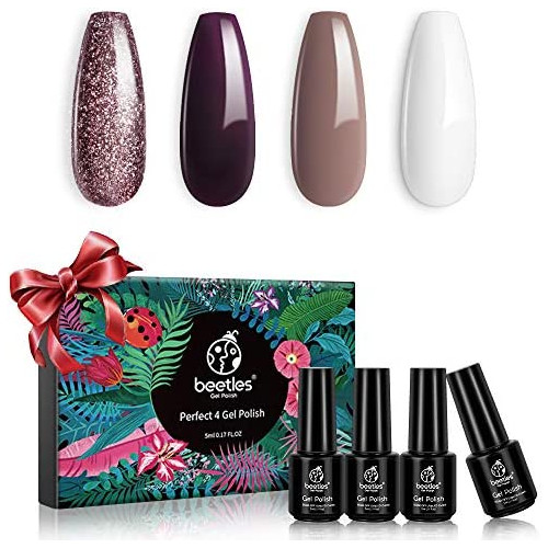 Beetles 다크 Burgandy Plum Gel Nail Polish 세트 - 4 Colors Glitter Metallic Beige White Kit Soak Off LED Lamp Vanish Manicure DIY Home Holiday