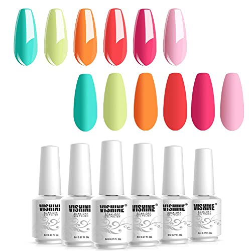 Vishine Gel Nail Polish Starter Kit - 6PCS Neon Yellow 그린 Orange Red Varnish Soak Off Bright Color UV LED Manicure 선물세트 8ML