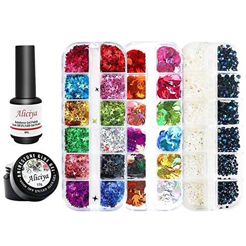 Aliciya 3D Nail 아트 Decoration Kits Strengthener Reinforce Gel Polish Builder 36 Styles Star & Circle Gems Decors Flakes Rhinestone,Glitter Dryer