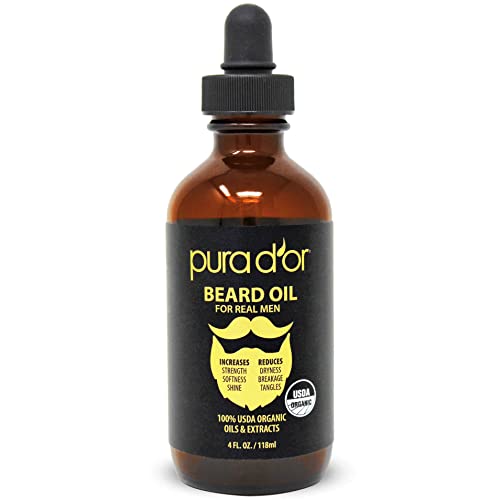 PURA DOR PRADO―루 118ml 4 액양온스 USDA유기농 인증 수염 오일 100%퓨어 내추럴 씻어 흘리지 않는 컨디셔너 argand&호호바오일배합 턱수염&콧수염의 케어&유지보수 - 부드러움,힘,피부의 수분을 높인 남성용