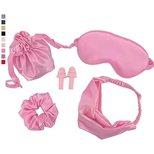 Eye 마스크 슬리핑 5 Pcs Sleep Travel 세트 Includes Fasion 머리띠 Silk Satin 헤어 Scrunchies Reusable Ear Plugs Plus Luxury Drawstring Pouch Work Every Nap Occation Peach Blush