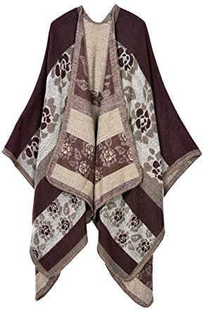ZTOFERA Women Poncho Shawl Vintage Warm Open Front Wrap Cape Reversible Scarf