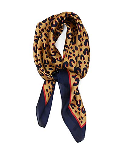 Big Square 70cm x 70cm Ladies Womans Faux Silk Head Neck Scarf - Leopard Animal Print with Navy Red Borders
