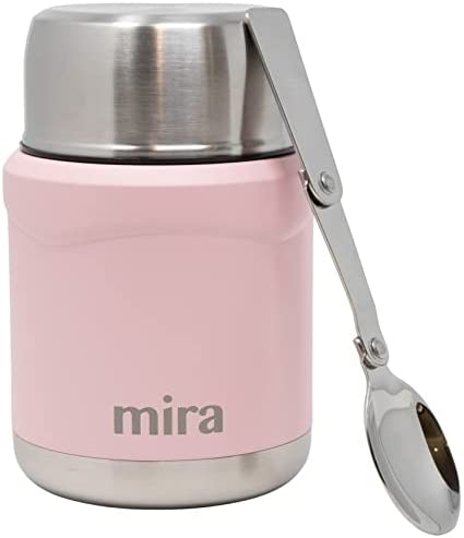 MIRA 런치 후드 밥통 진공 단열 스테인레스 스틸 써모스 포터블 접이식식 스푼 부착 500ml 핑크