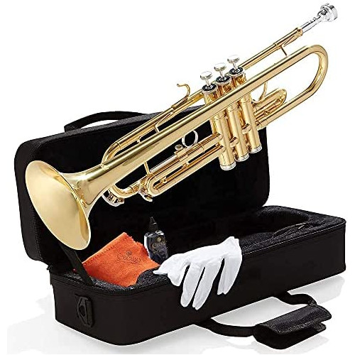 Mendini By Cecilio Bb Trumpet - Trumpets for Beginner or Advanced Student w/Case, Cloth, Oil, Gloves - Brass Musical Instruments For Kids & Adults
