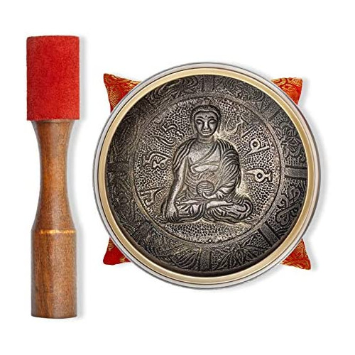 Tree of Life Prayer Bowl - Tibetan Singing Bowl u2013 Hand Crafted Chakra Singing Bowl Set with Mallet & Cushion u2013 Brass 4u201D Sound Therapy Bowl for Meditation, Yoga & Gift u2013 Deep Sound by Bimu2013Bamu2013Bom
