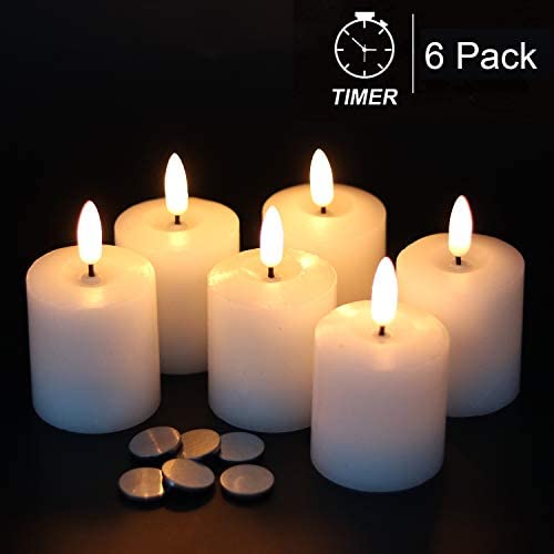 GenSwin Flameless Pillar Candles Flickering Timer Battery Operated Real Wax LED Votive 3D Wick 6팩 White Include 2 x 3.2 Inch