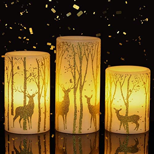 GenSwin Battery Operated Flameless Candles Flickering 6 Hours Timer Led Pillar Deer Decal Warm Light Real Wax팩 3 Christmas Home Decor