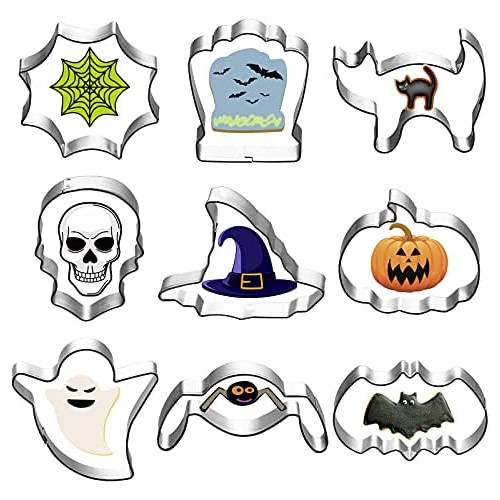 KSPOWWIN Halloween Cookie Cutter Set,9 Pieces Large Stainless Steel Biscuit Cutters Mold for Making Pumpkin Bat Ghost Witch Hat Cat Shape Cookies
