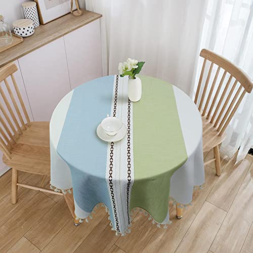 Vonabem Table Cloth Tassel Cotton Linen Table Cover for Kitchen Dinning Wrinkle Free Table Cloths (Blue and Green, Round, 60IN)
