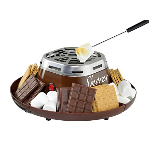 Indoor Electric 스테인레스 스틸 SMores Maker 4 Compartment Trays Graham Crackers Chocolate Marshmallows 2 Roasting Forks Brown