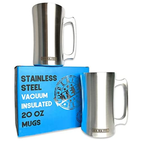Stainless Steel Insulated Beer Mug: Real Deal Steel 20 Oz Beer Stein with Welded Handle - Large Metal Tankard for IPA, Coffee, Tea - Double Walled Mugs for Hot or Cold Drinks (2)