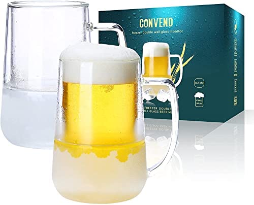 Beer 머그잔 Freezer,Freezer 머그잔,Double Wall 클리어 Borosilicate Glass Handle Glasses Freezer,Frosty 머그잔 for beer,milk,juice any beverages,16 oz 세트 2,Gift Package