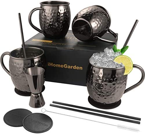 Moscow Mule 머그잔 세트 4 선물세트 매트 Pure Solid Hammered 스테인레스 스틸 Drinking 16OZ Food Safe 100% Handcrafted Kit
