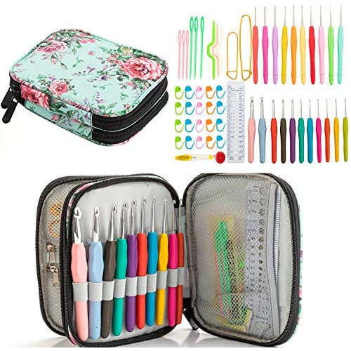 Ctcwsh Full Size Crochet Kit Case,56-Piece 인체공학적 Hook 세트 0.5mm-8mm ,Knitting Needles Storage 가방 악세사리 Arthritic Hands,Beginners Experienced Crocheter