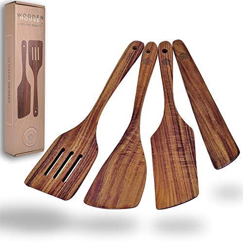 요리용 목제 스파츌라 키친용 헤라 4개세트 내추럴 teak 재목제 식기 paddle 터너용 슬롯 부착 scraper non스틱 조리 기구.
