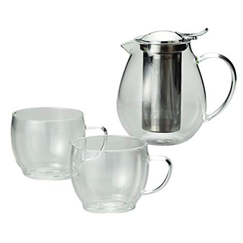 마에하타 Maebata 티포트 유리/스테인레스 포트/580ml,컵/150ml 필 페어 티 세트 51723 포트w13.5xd10xh12.5cm고 컵φ8xh6.5cm