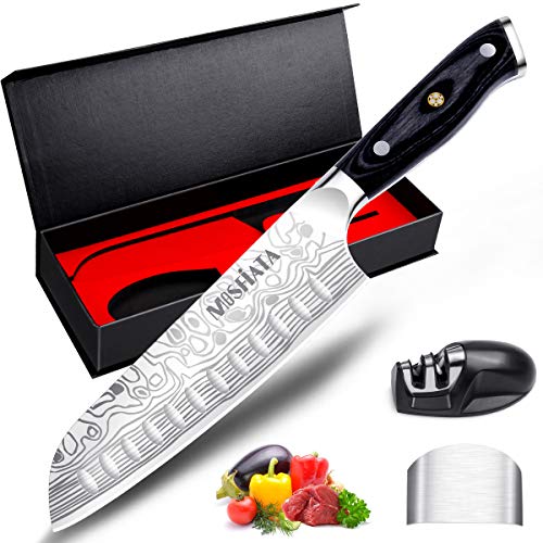 MMOSFiATA 7 Santoku Knife Chefs Finger Protection Sharpener Included Made Germany High Carbon 스테인레스 스틸 Kitchen Butcher Micarta Handle 선물 Box