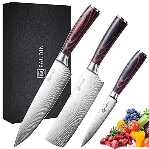 Kitchen Knife 세트 - PAUDIN Chefs + Chopper Petty 3-Piece Universal Natural Double-edged 실버 High Carbon 스테인레스 스틸 우드 Pattern Meat Vegetables Fish Sharp Cooking Home Work Chef Pro