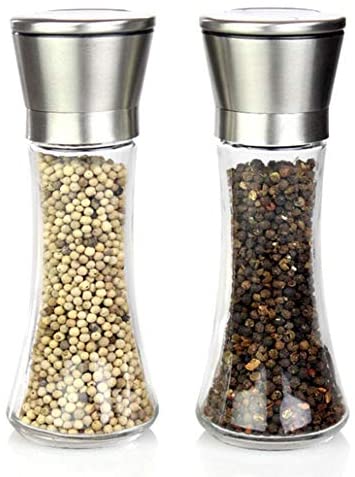 Jonesonstore stainless steel/glass, salt and pepper/sesame grinder, adjustable ceramic blade, controllable thickness, salt and pepper grinder with lid, 2 pieces