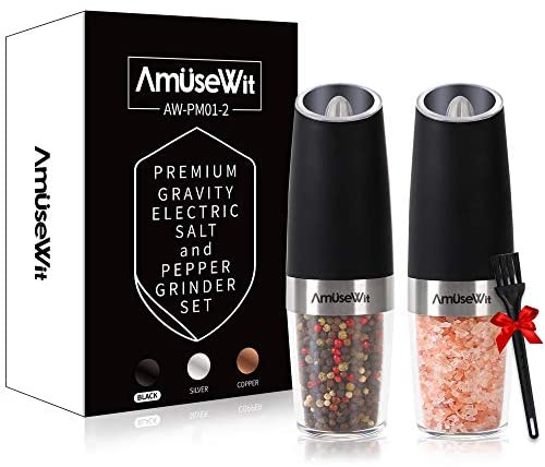 Gravity Electric Pepper Grinder or Salt Grinder Mill【White Light】- Battery Operated Automatic Pepper Mill with Light, One Handed Operation, Adjustable Coarseness, Stainless Steel by AmuseWit