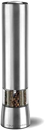 COLE & MASON Hampstead Electric Pepper Grinder with LED Light - Electronic Battery Operated Peppercorn Mill, Stainless Steel