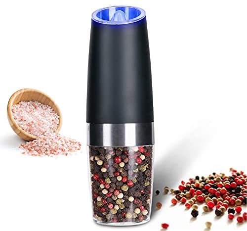 2 Pack Gravity Electric Salt and Pepper Grinder Set Automatic Battery Powered Salt Mill, Adjustable Coarseness, with Blue LED Light, One Hand Operated