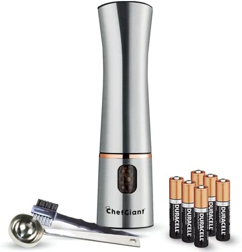 ChefGiant Electric Salt and Pepper Grinder - Rose Gold & Stainless Steel One Hand Operated Adjustable Coarseness Mill with LED Light, Batteries, Measuring Spoon & Brush