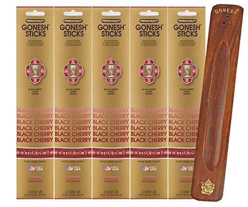 Gonesh Incense Sticks Extra Rich Collection - Black Cherry 5 Packs (100 Total) with Incense Holder