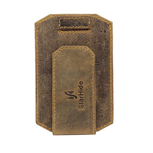 StarHide Mens Brown Real Distressed Hunter 가죽 Money 클립 Ultra Thin 슬림 Credit Card Holder Wallet 케이스 Strong Magnet RFID BLOCKING - 725