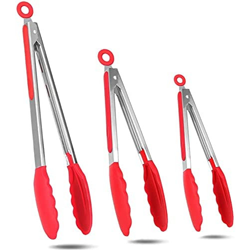 GUROYI Tongs Kitchen Silicone Cooking Automatic 클립 Anti-Slip BBQ Service 히트 Resistant Antibacterial 10.4 inches 26.5cm 14.4 36.5cm 세트 Includes Stand Convenient Locking Storage Red