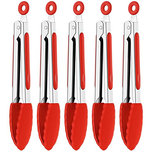 Kitchen Tongs 미니 Silicone Tips Small Serving Salad Grill Fry Cooking 스테인레스 스틸 7 Red 5pcs
