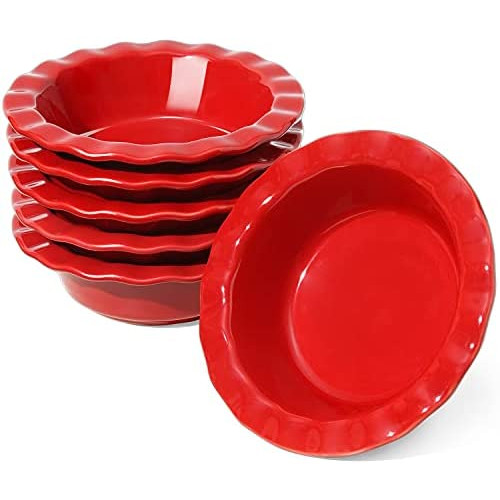 LE TAUCI 미니 파이 팬 6.5인치 접시 세라믹 12oz Ramekins Individual Chicken Pot Ruffled Edge Bowls 세트 6 Red