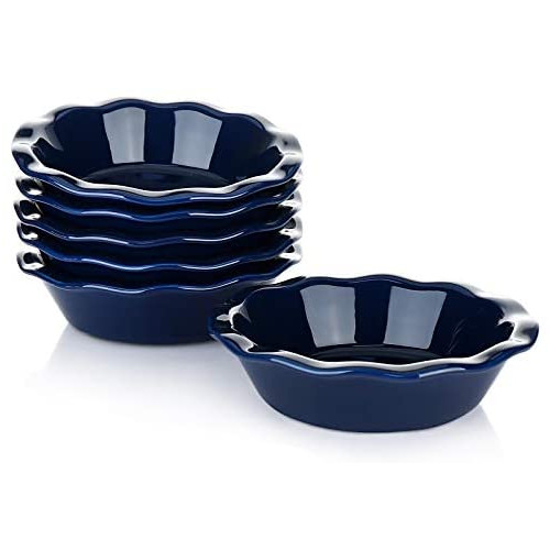 Sweese 521.003 Porcelain 미니 파이팬 세트 6.5인치 - 12 oz Individual 파이 접시 Non-Stick 원형 Tins Ruffled Edge 6 Multicolor Cool Assorted Color