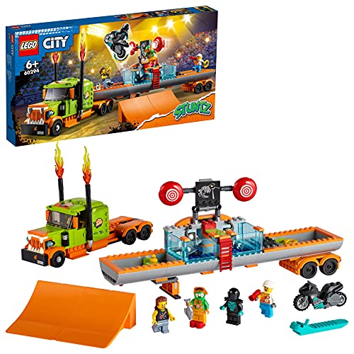 레고 60294 시티 Stuntz Stuntshow Truck 세트 토이 Flywheel Powered Motorcycle Diving Pool Racer Clown 미니 Figures