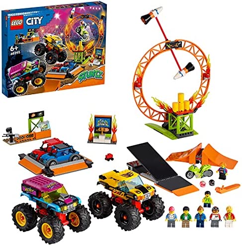 레고 60295 시티 Stuntz Stuntshow Arena 세트 2 Monster Trucks 토이 Cars Flywheel Operated Motorcycle Fire Tyres 6 미니 Figures