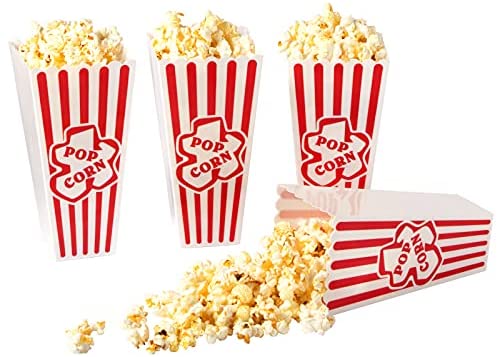 Plastic Popcorn Containers Red & White Striped Retro Style Reusable Popcorn Boxes for Movie Night 4u201Dx8u201D (4 Pack)