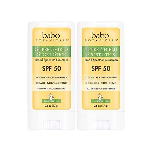 Babo Botanicals Super Shield Zinc Sport Stick Sunscreen SPF 50 with Soothing Organic Ingredients, Non-Nano, Fragrance Free, for Baby, Kids or Sensitive Skin, Yellow, Unscented, 0.6 Ounce