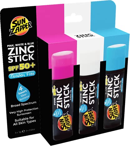 Sun Zapper Zinc Oxide Sun Block - Pink, White & Blue - SPF 50+ - Very High Sun Protection Waterproof Sunscreen/Sunblock for Face & Body Beach Shield. Adults, Kids, Baby & Travel Size Stick.