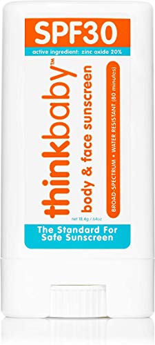 Thinkbaby SPF 30 Sunscreen Stick u2013 Safe, Natural, Water Resistant Sun Cream for Babies, Kids & Adults u2013 Vegan, Mineral UVA/UVB Sun Protection u2013 Reef Friendly Travel Stick, 0.64oz
