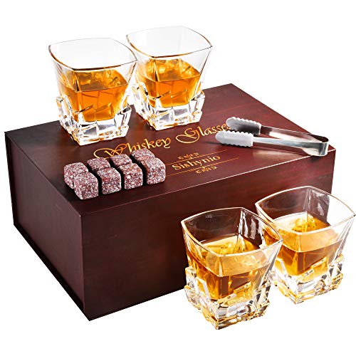 Whiskey Glasses set of 4 with 8 Granite Chilling Whiskey Rocks｜Sishynio 4 Glasses Deep Etched 10oz Rocks Glass Husband Gifts for Birthday Dads Birthday