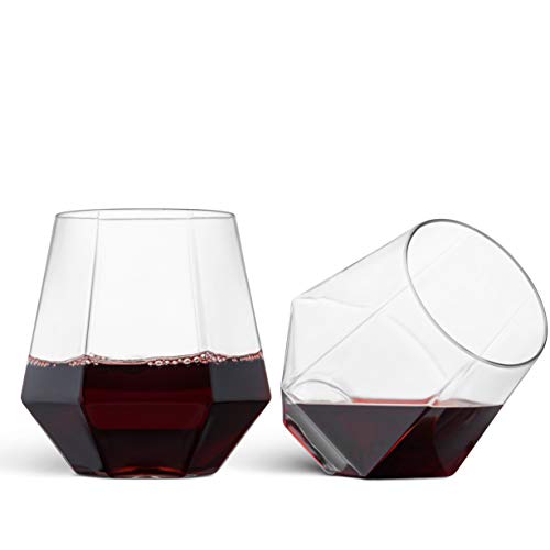 32 Pack Diamond Shaped Plastic Stemless Wine Glasses Disposable 12 Oz Clear Plastic Wine Whiskey Cups Shatterproof Recyclable and BPA-Free
