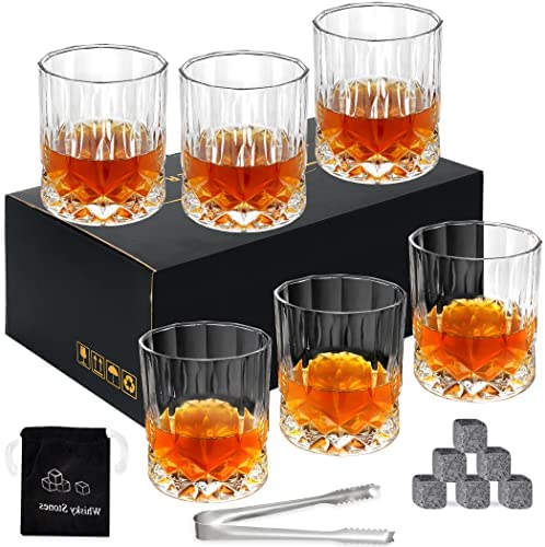Whiskey Glasses Old Fashioned Glass Set of 6 Rocks Glasses 10oz Crystal Bourbon Scotch Whisky Glasses Lowball Glassware Drinking Tumblers Cups for Cognac Cocktail Bourbon Rum Brandy Bar Men Gift